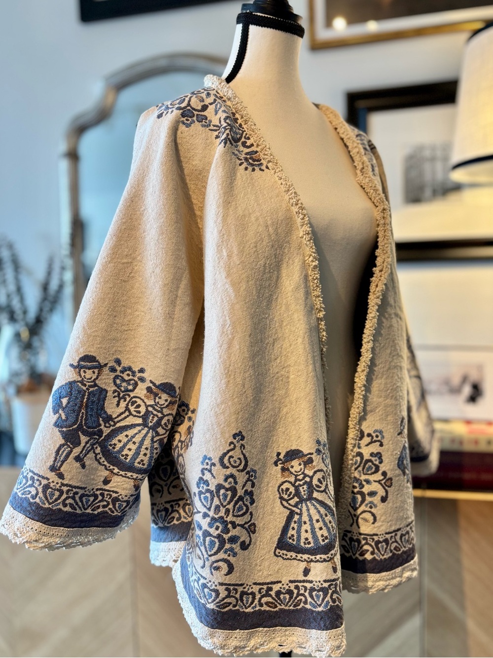 🧵 HANDMADE Embroidered Cream & Blue Boho Kimono Linen Blend Jacket O/S - Picture 3 of 15